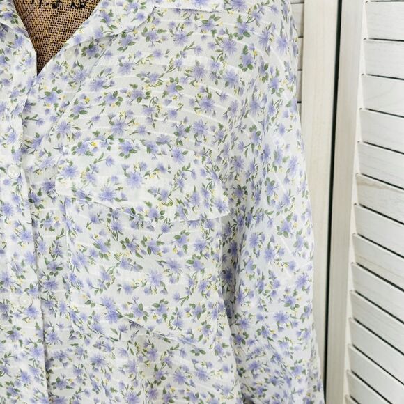 And Now This Floral Button Front Crop Utility Shirt Blouse White Purple Medium - Picture 8 of 14